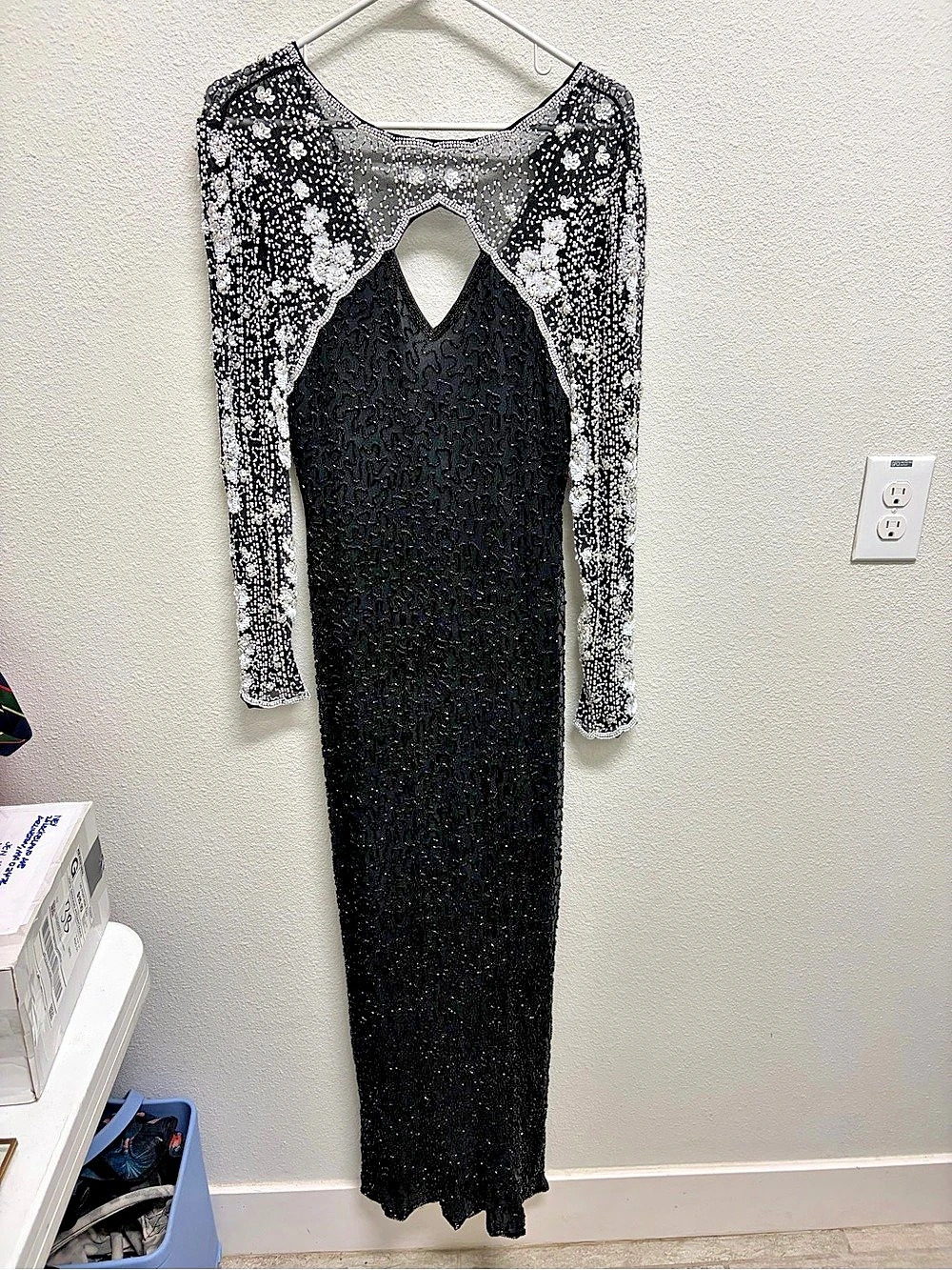 VTG (80’s) Laurence Kazar Black White Silk Beaded Sequin Long Sleeve Gown M
